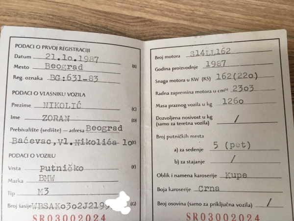 BMW M3 E30 Fahrzeugbrief S14 Registrierung KFZ Brief  220PS Baujahr 1987 mit SSD